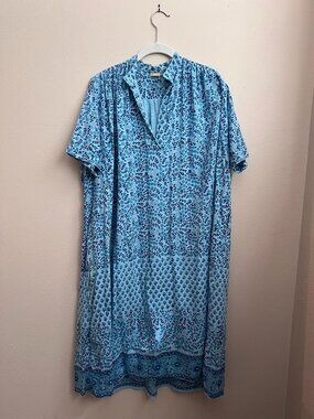 Matta Blue Floral Block Print Cotton Dress S